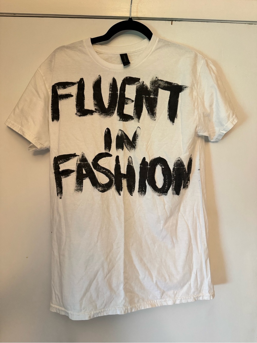 Gildan White Tee with Black 'Fluent in Fashion' Graphic